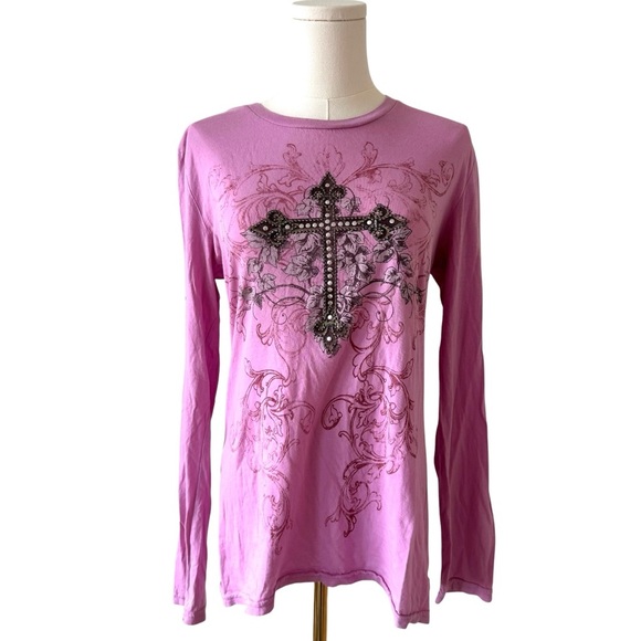 Wrangler Purple Pink Embellished Cross Graphic Print Long Sleeve Shirt medium - Picture 1 of 4